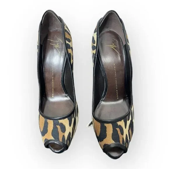 Giuseppe Zanotti Leopard Print Canvas Peep Toe Pumps 37.5 w/ dustbag - Picture 4 of 11